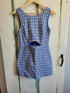 Blue Floral Cutout Sleeveless Mini Skort Romper